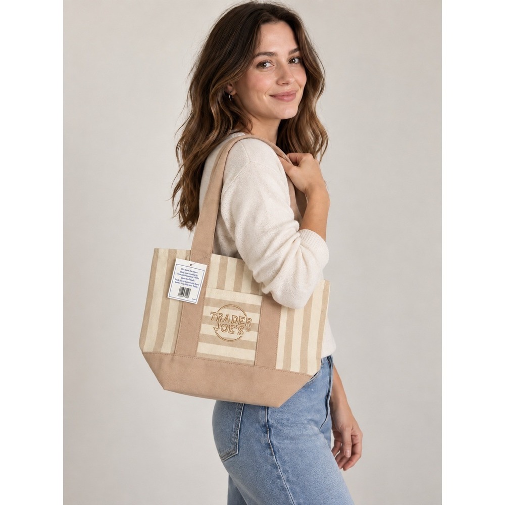 Trader Joe's Striped Mini Canvas Tote Bag Beige Cream Small Handbag NWT
